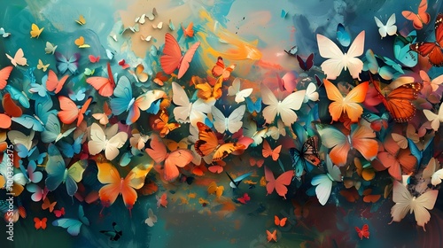 a vibrant and colorful artwork depicting a swarm of butterflies in flight. The butterflies are in various shades of orange, blue, teal, and white, creating a lively and dynamic scene