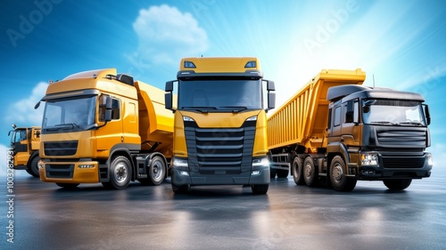 Three large yellow semi trucks are parked next to each other