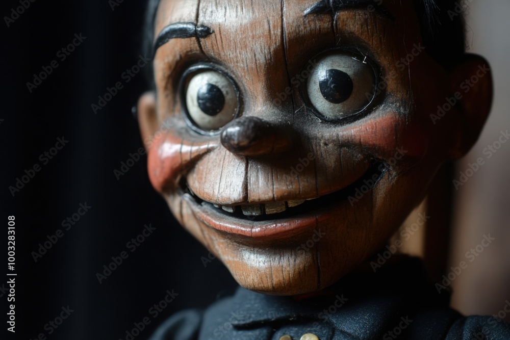 Creepy ventriloquist dummy coming, with copy space Creepy ventriloquist dummy coming, with copy space