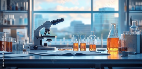 Modern laboratory setting with scientific equipment, test tubes, and outdoor view, showcasing research activities in bright light photo