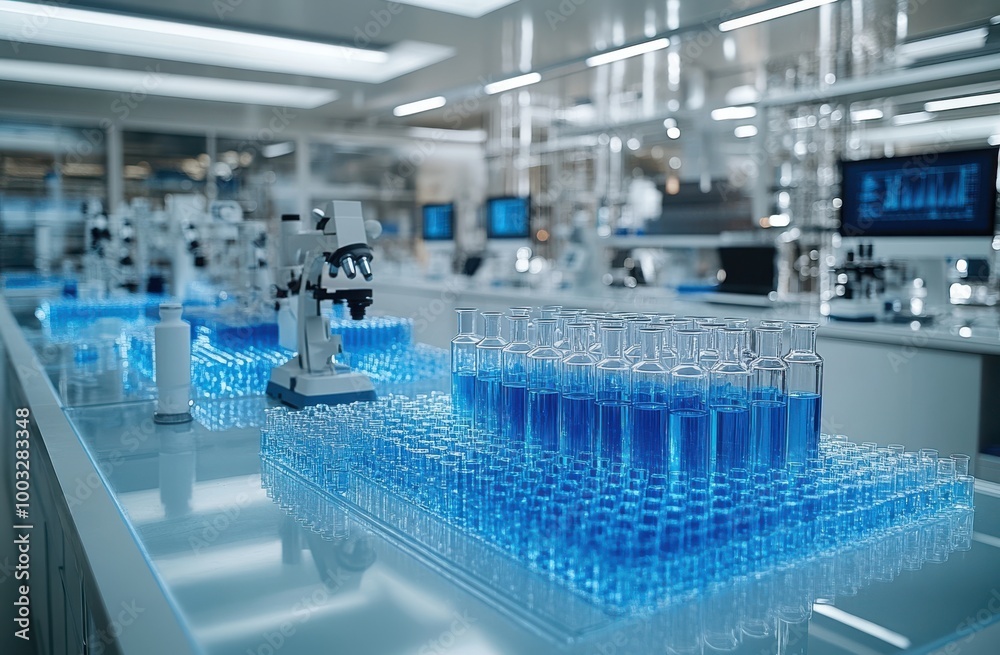 Advanced laboratory featuring light blue and white design with test tubes, microscopes, and high-tech scientific equipment Advanced laboratory featuring light blue and white design with test tubes, microscopes, and high-tech scientific equipment