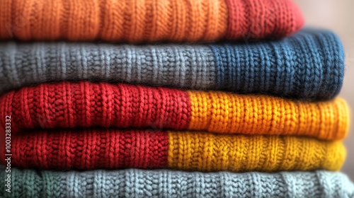 A stack of colorful knitted sweaters in a variety of colors, including red, orange, blue, and yellow.