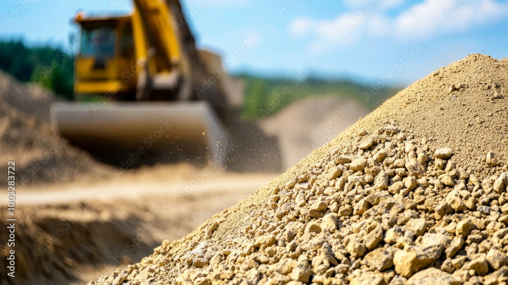 A large pile of dirt is next to a large yellow machine A large pile of dirt is next to a large yellow machine
