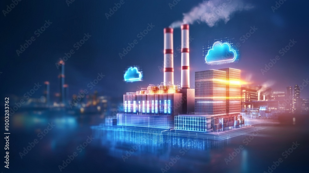 Fototapeta premium A futuristic cityscape with a large industrial plant in the foreground