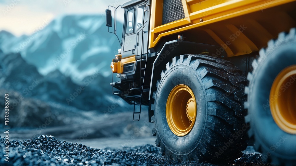 A yellow and black truck with large tires is driving on a rocky mountain road A yellow and black truck with large tires is driving on a rocky mountain road