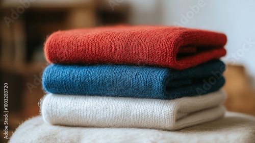 Stack of three folded knitted sweaters in red, blue and white.