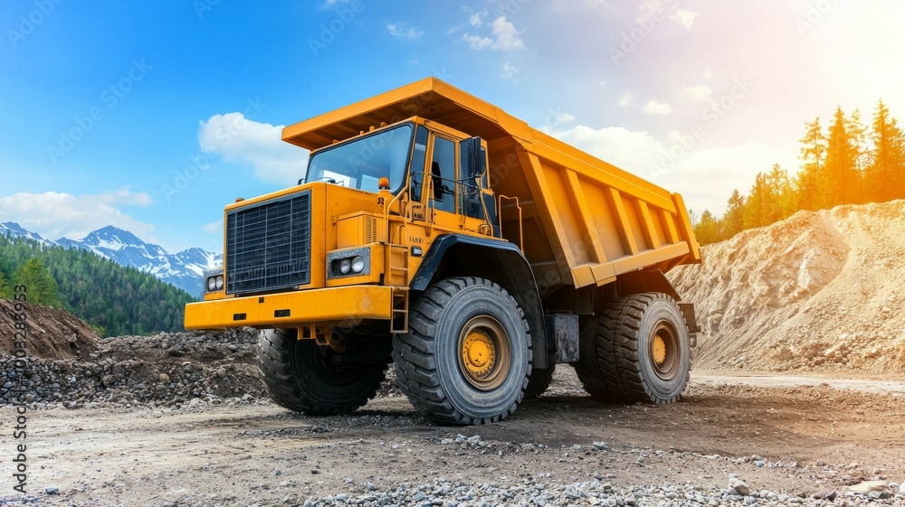 A large yellow dump truck is parked on a dirt road A large yellow dump truck is parked on a dirt road