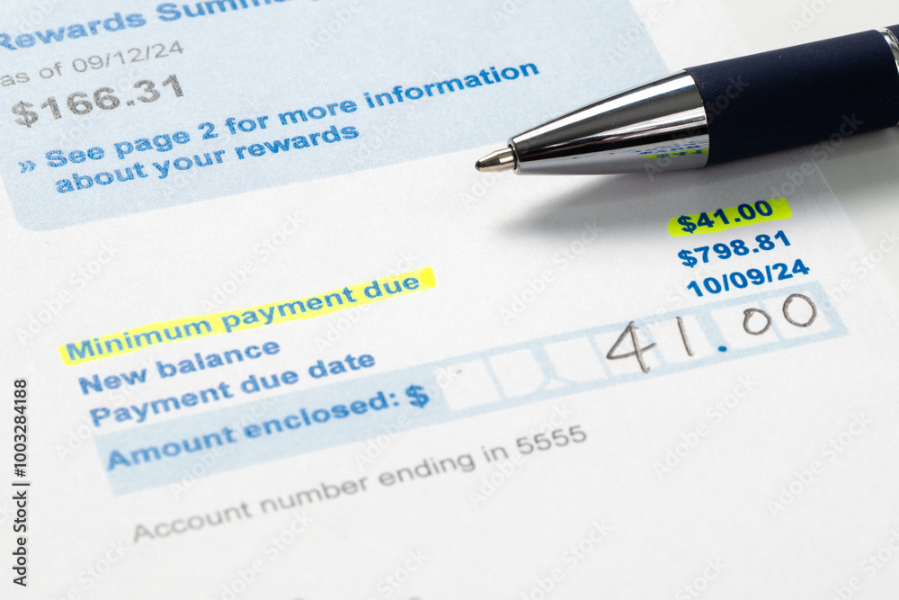 Credit card statement bill showing paying the minimum payment amount Credit card statement bill showing paying the minimum payment amount
