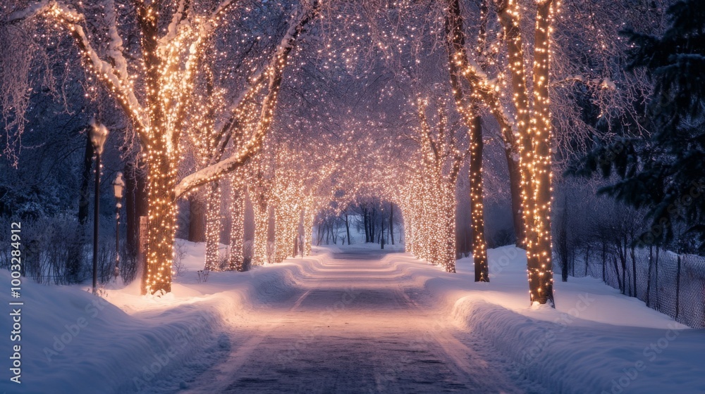 A snowy path lined with trees adorned with twinkling Christmas lights. A snowy path lined with trees adorned with twinkling Christmas lights.