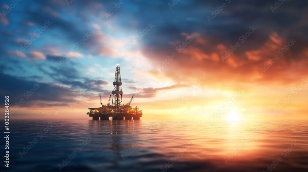 A large oil rig is floating in the ocean at sunset A large oil rig is floating in the ocean at sunset