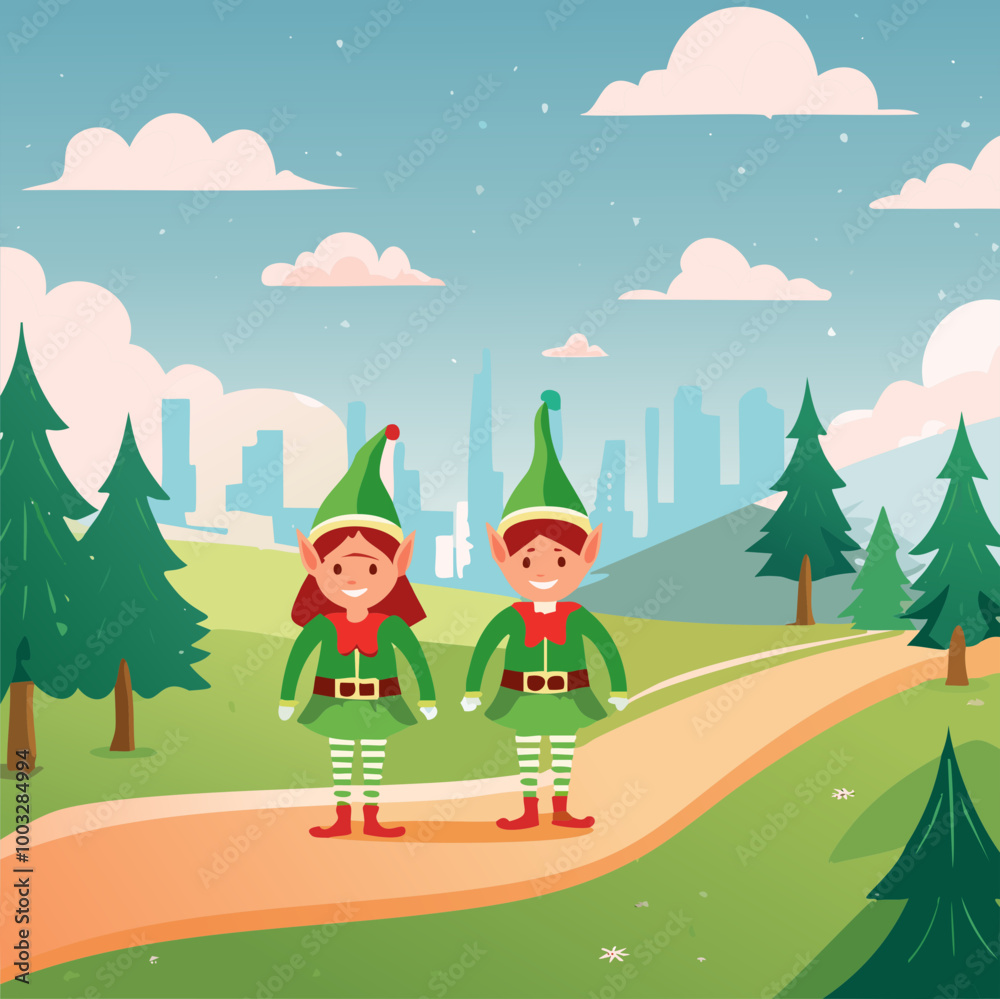 Cheerful Elves in a Whimsical Forest Landscape Cheerful Elves in a Whimsical Forest Landscape