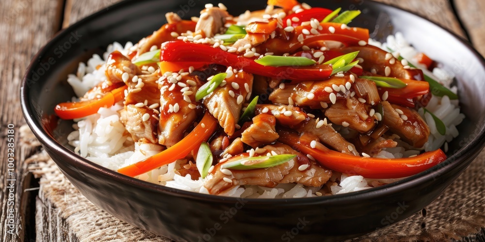 Close-up of flavorful shredded chicken mixed with carrots and red bell peppers, topped with sesame seeds and green onions, served over rice in a dark bowl on a weathered wooden surface. Close-up of flavorful shredded chicken mixed with carrots and red bell peppers, topped with sesame seeds and green onions, served over rice in a dark bowl on a weathered wooden surface.