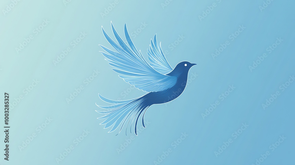 Obraz premium A stylized blue bird with outstretched wings, soaring against a light blue background.