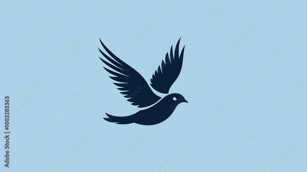 Fototapeta premium Simple, minimalist silhouette of a dove flying against a blue sky background.