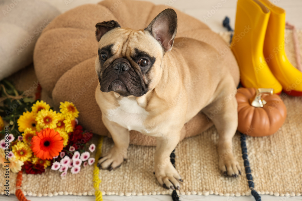 Fototapeta premium French bulldog with autumn decor, pet care and seasonal lifestyle concept, cute dog sitting on rug with flowers, yellow rain boots and pumpkin at home