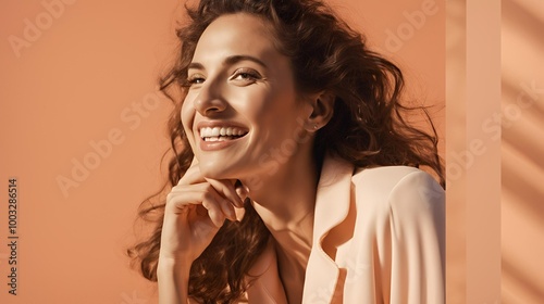 Smiing woman against peach color background photo