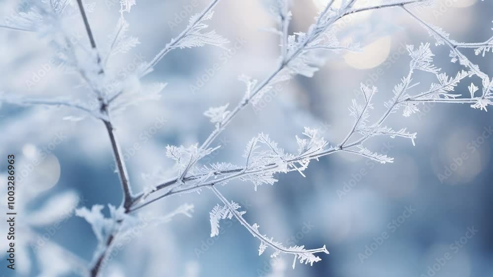 Thin branch covered in delicate frost crystals sparkles in the soft winter sunlight, creating a magical winter wonderland scene Thin branch covered in delicate frost crystals sparkles in the soft winter sunlight, creating a magical winter wonderland scene