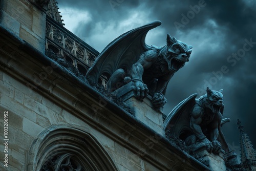 Gargoyles coming to life, with copy space photo