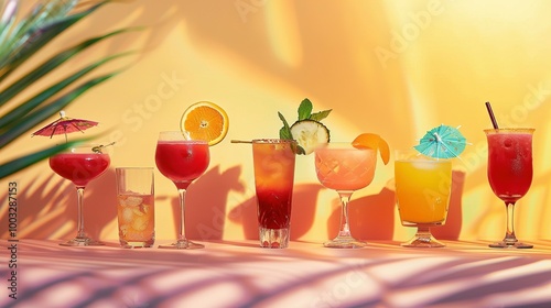 Six Colorful Cocktails in Glassware on a Yellow Surface photo