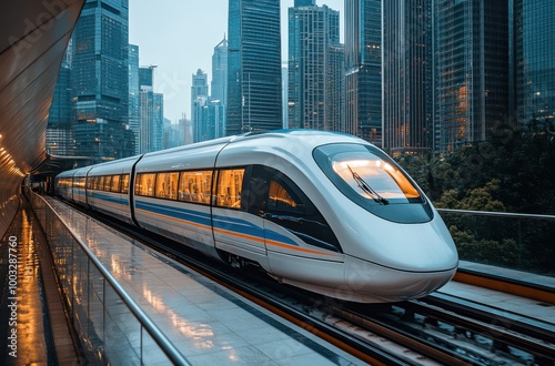 High-speed maglev train gliding through a futuristic glass tunnel in a modern urban landscape