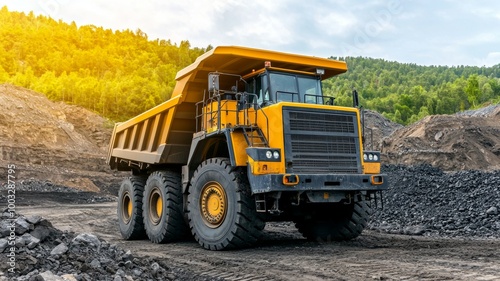 A large yellow dump truck is parked in a dirt field