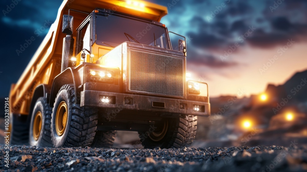 A large dump truck is driving down a rocky road at night A large dump truck is driving down a rocky road at night