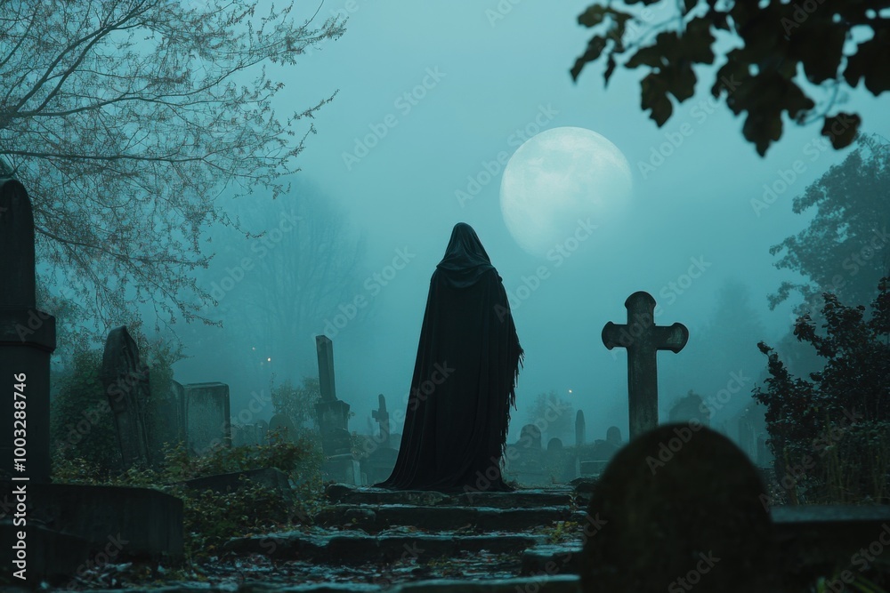 Grim reaper in misty graveyard, with copy space