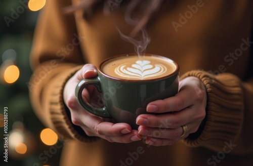 Woman holding steaming mug of latte art coffee near christmas tree