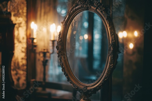 Haunted antique mirror on a table, with copy space photo