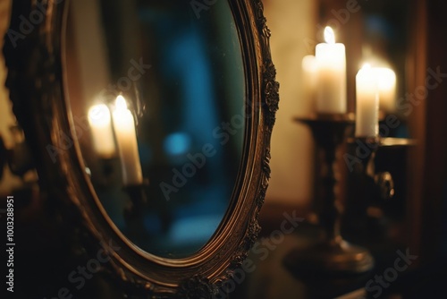 Haunted antique mirror on a table, with copy space photo