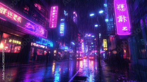 Neon signs illuminate a rainy, nighttime city street.