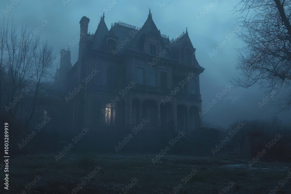 Haunted Victorian mansion at night, with copy space Haunted Victorian mansion at night, with copy space