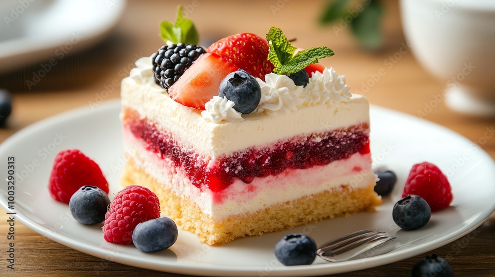 A slice of layered cake with whipped cream and fresh berries sits on a white plate. A slice of layered cake with whipped cream and fresh berries sits on a white plate.