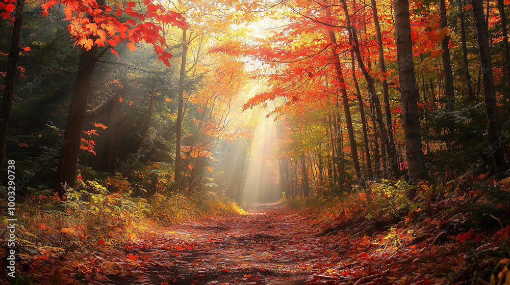 Fototapeta premium Sun Rays Through Autumn Forest Path. Sunlight Streaming Through Colorful Autumn Forest Path