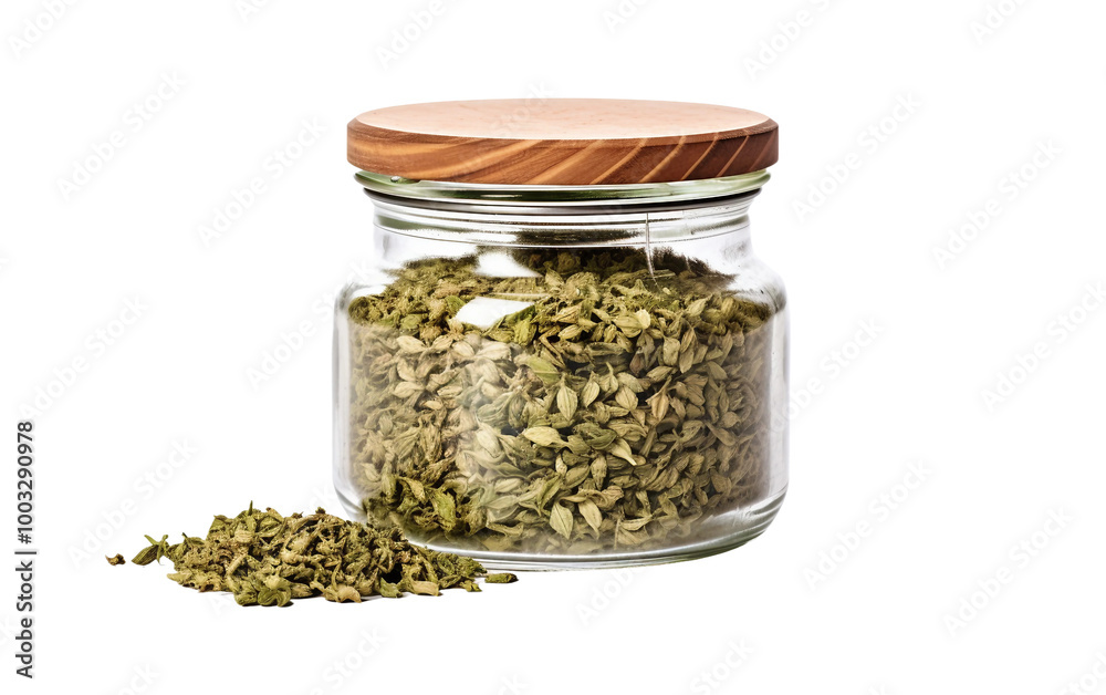 Dried Oregano Stored in Glass Jar Isolated On Transparent Background PNG. Dried Oregano Stored in Glass Jar Isolated On Transparent Background PNG.