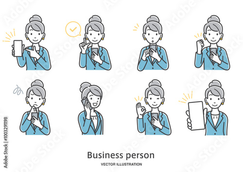 スマートフォンを操作する女性会社員のイラストセット