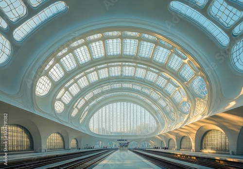 Stunning dome-shaped roof at Lille's Grand Palais train station designed with white steel details and surrounding tracks