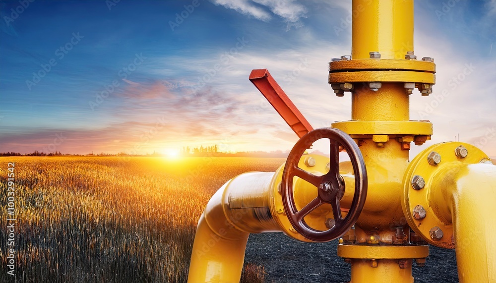 yellow gas pipe with valve and burning gas burner, double exposure of natural gas use