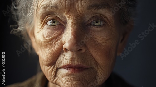 Close-up portrait of an elderly woman looking directly at the camera.