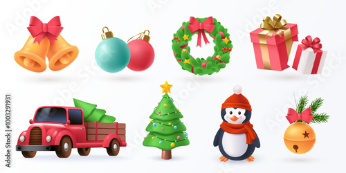 Collection of Christmas objects and symbols in 3d style. Christmas design elements isolated on white - decorations, tree, cute character, red truck, etc. Vector illustration.