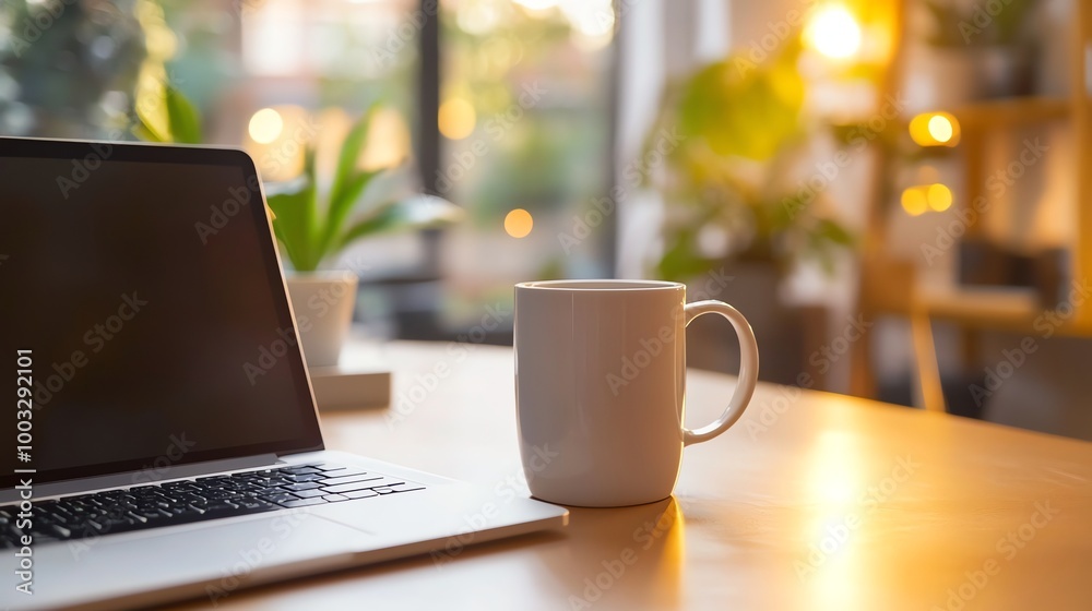 A laptop computer and a mug on a table in a cozy home office setting. A laptop computer and a mug on a table in a cozy home office setting.