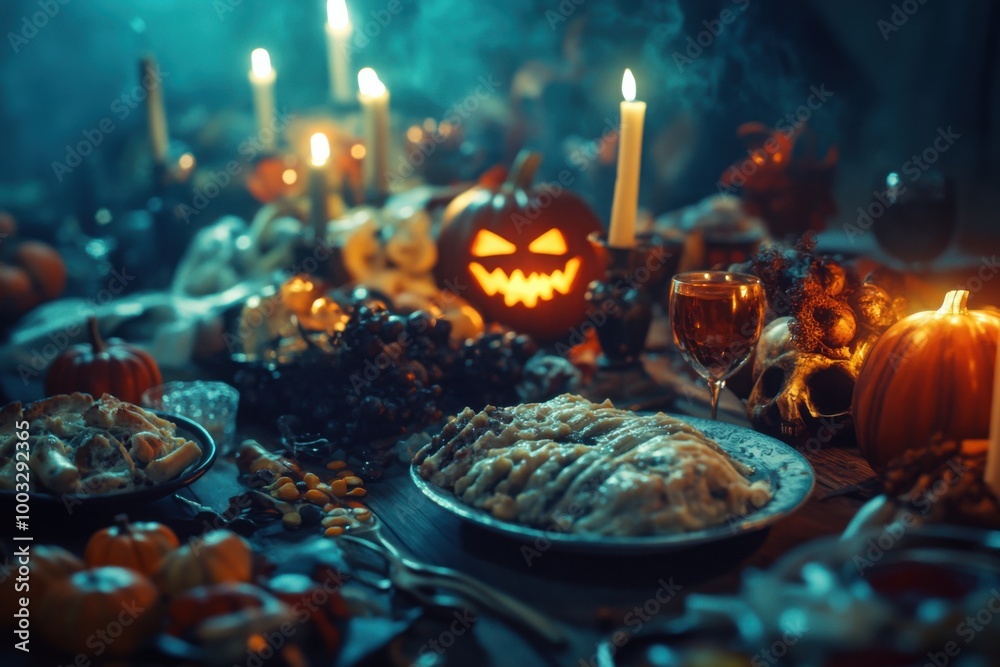 Fototapeta premium Macabre Halloween feast, with copy space