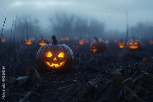 Jack-o-lanterns glowing, with copy space photo