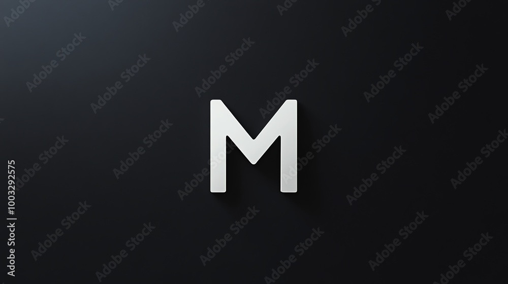 White capital letter M with a soft shadow on a dark background.