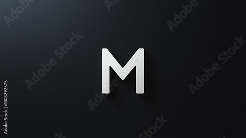 White capital letter M with a soft shadow on a dark background.