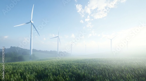 A row of wind turbines stand tall in a field of green grass, with a misty background and blue sky.