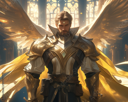 male aasimar paladin in radiant armor, standing in a sunlit cathedral photo