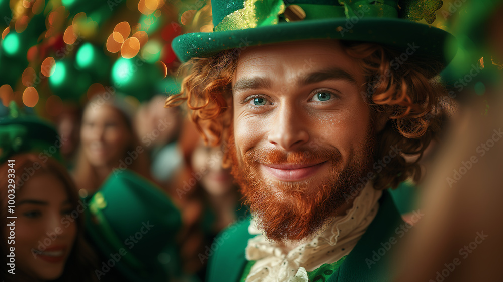 Man in green leprechaun hat smiling during St. Patrick's Day Man in green leprechaun hat smiling during St. Patrick's Day