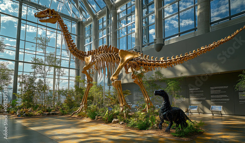 A massive dinosaur skeleton named The Blonister displayed in a modern museum with plants and large glass windows