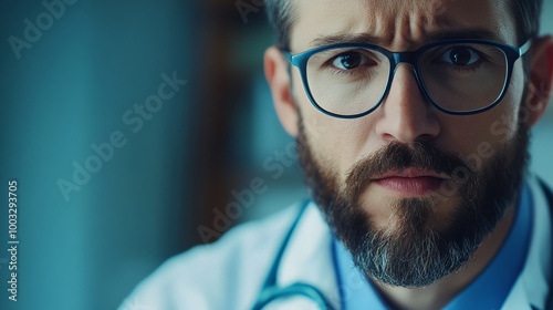 A serious-looking doctor with a beard and glasses looks directly at the camera.